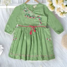 Bella Moda Girls Light Green Cotton Three Fourth Sleeves Floral Embroidered Dress-image-70