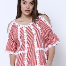 Tokyo Talkies Women Red Striped Pure Cotton Top-image-26