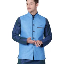 Tabard Blue Regular Fit Sleeveless Nehru Jacket-image-7