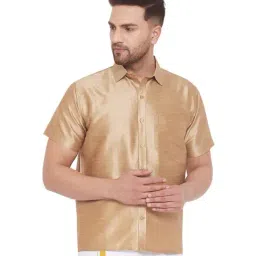 VASTRAMAY Beige Straight Fit Self Pattern Ethnic Shirt-image-6