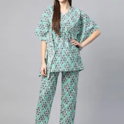 YASH GALLERY Turquoise Printed Kaftan Pyjama Set-image-1