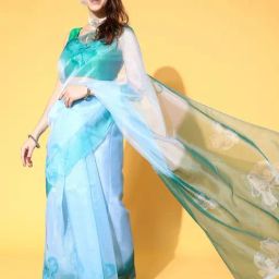 Blissta Sky Blue Floral Print Saree With Unstitched Blouse-image-52