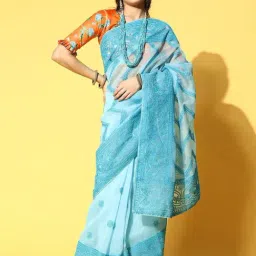Blissta Aqua Blue Embroidered Saree With Unstitched Blouse-picture-28