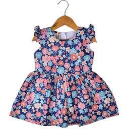 poplins Kids Blue & Pink Cotton Floral Print Frock Dress-picture-3
