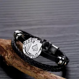 Black Leather Multi Strand Poker Full House Cards Wristband Bracelet For Men-image-84