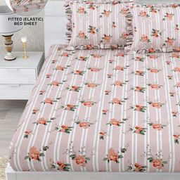 DREAM WEAVERZ Pink Floral Printed Fitted 260 TC Double King Bedsheet with 2 Pillow Covers-image-23