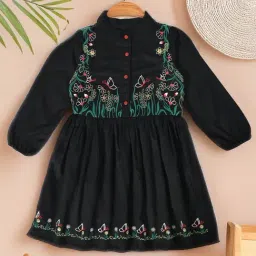 Bella Moda Girls Black Cotton Three Fourth Sleeves Floral Embroidered Dress-image-12