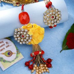 NVR Red & Gold-Toned Stone-Studded & Beaded Bhaiya Bhabhi Rakhi with Roli Chawal - Set of 2 image 1