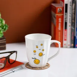JCPL Be A Happy Printed White Ceramic Coffee Mugs - Set Of 2 (390 ml each) image 1