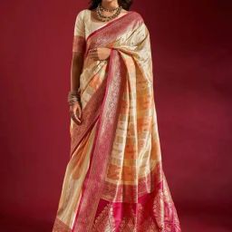 Elora Cream & Orange Silk Woven Saree With Unstitched Blouse-image-96