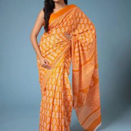 Zari Jaipur Orange Cotton Printed Saree With Unstitched Blouse-picture-45