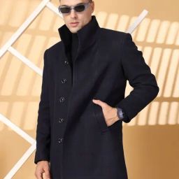 Chkokko Navy Blue Relaxed Fit Solid Coats-image-42