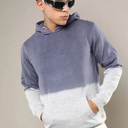 Campus Sutra Blue & Grey Regular Fit Colour Block Hooded Sweatshirt-9