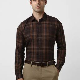 Van Heusen Brown Cotton Slim Fit Checks Shirt-image-62