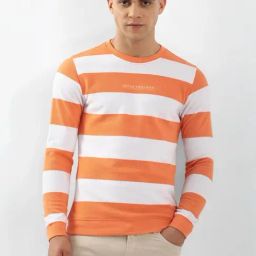 Peter England Orange & White Slim Fit Striped Sweatshirt-image-45