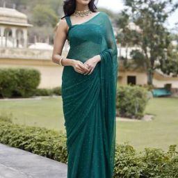 Geroo Jaipur Bottle Green Hand Embroidered Mukaish Chiffon Saree-picture-34