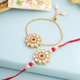 NVR Gold Toned Kundan Studded Floral Bhaiya Bhabhi Rakhi Set with Roli Chawal Chandan & Mishri-image-64