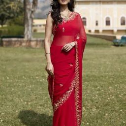 Geroo Jaipur Red Hand Embroidered Gota Patti Chiffon Saree-16