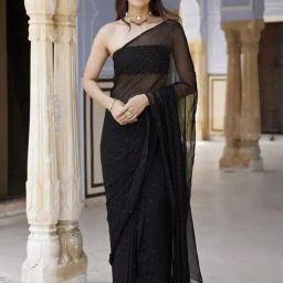Geroo Jaipur Black Hand Embroidered Mukaish Chiffon Saree-image-83