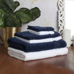 Spaces Solid White & Navy Blue Cotton Towel Combo - Set of 6 image 1