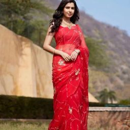 Geroo Jaipur Red-Orange Shaded Hand Embroidered Jaal Chiffon Saree-picture-0