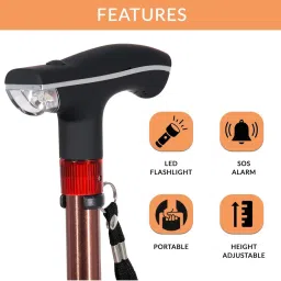 MCP Smart Folding Adjustable Walking Stick with LED Torch SOS Alarm - Single Leg (Brown) image 3