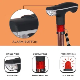 MCP Smart Folding Adjustable Walking Stick with LED Torch SOS Alarm - Single Leg (Brown) image 4