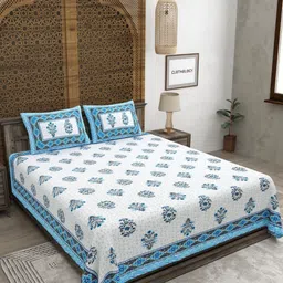 CLOTHOLOGY Blue & White Floral Cotton 180 TC King Bedsheet Set 2.75m x 2.25m-image-58