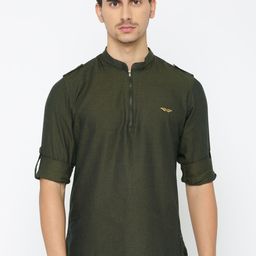The Indian Garage Co Men Olive Green & Navy Blue Woven Design Straight Kurta-image-100