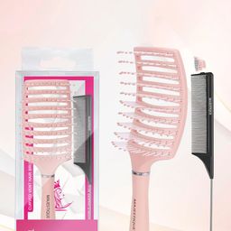 MAJESTIQUE Set Of 2 Curved & Vent Hair Brush For Detangling & Styling Wet Dry Hair- Pink-12