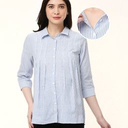 Bella Mama Cotton Three Fourth Sleeves Maternity Top with Stripes - Blue-image-96