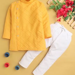 Jeet Ethnics Full Sleeves Diagonal Window Pane Checked Self Design Kurta With Pyjama - Yellow-image-46