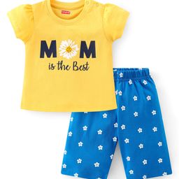 Babyhug Cotton Knit Half Sleeve Capri Night Suit With Text Print - Yellow & Blue-image-86