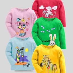 KUCHIPOO Pack Of 5 Full Sleeves Zebra Kitten & Bunny Printed Tees - Multi Colour-image-71