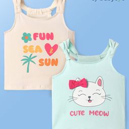 Babyoye Cotton Singlet Sleeves Tops with Bow Applique & Text Print Pack of 2 - Off White & Sky Blue-image-34