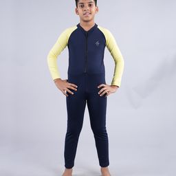 Kiddopanti Raglan Full Sleeves Solid Swimsuit - Navy & Yellow-image-40