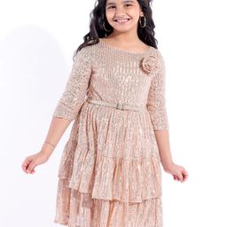 Hola Bonita Knit Three Fourth Sleeves Sequin Tiered Dress with Floral Applique  - Gold-image-17
