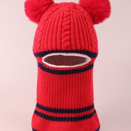 Babyhug Pom Pom Monkey Cap with Cable Knit Design - Red-image-93