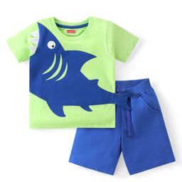 Babyhug Cotton Knit Half Sleeves T-Shirt & Shorts Set With Shark Applique - Green & Blue-image-74