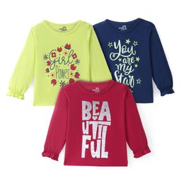Doodle Poodle 100% Cotton Knit Full Sleeves Text & Floral Printed Tops Pack of 3 - Lime Green Navy & Maroon-image-75