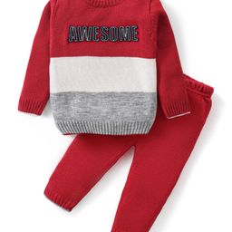Babyhug Knitted Full Sleeves Pullover Sweater Set with Text Embroidery - Red & Grey-image-90