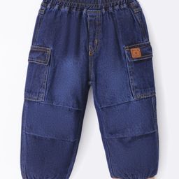 Little Kangaroos  100% Cotton Full Length Denim Jeans  with Teddy Patch Solid Colour - Dark Blue-picture-47