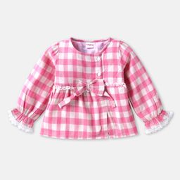 Babyhug Rayon Knitted Full Peasant Sleeves Checkered Top with Bow Detailing - Pink & White-image-99