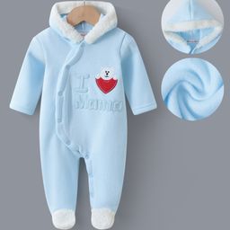 Kookie Kids Full Sleeves Front Open Hooded Footed Romper with Alphabet Bear & Heart Embroidery - Light Blue-image-79