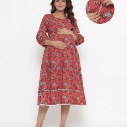 Ikk Kudi by Seerat Cotton Woven Three Fourth Sleeves Floral Printed Dress With Concealed Zipper Nursing Access - Pink-image-53