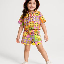 Babyhug Terry Knit Half Sleeves Smiley Printed Hooded T-Shirt & Shorts Set with Front Zipper- Pink& Yellow-image-7