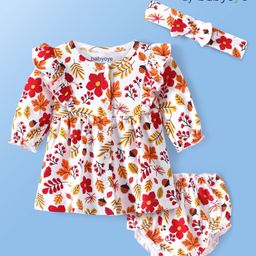 Babyoye Interlock Knit Full Sleeves Floral Printed Frock With Bloomer & Headband - White-image-57