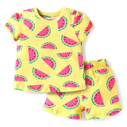 Babyhug Cotton Knit Half Sleeves Co-ords Shorts Night Suit with Watermelon Print - Yellow-image-39