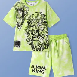 HoneyHap Disney Terry Knit Half Sleeves T-Shirt & Shorts Set With Lion King Graphics & Badge Detailing - Light Green-picture-16