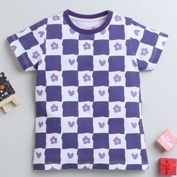 BUMZEE Cotton Woven Half Sleeves Checks T-Shirt with Floral Print - Purple-image-53